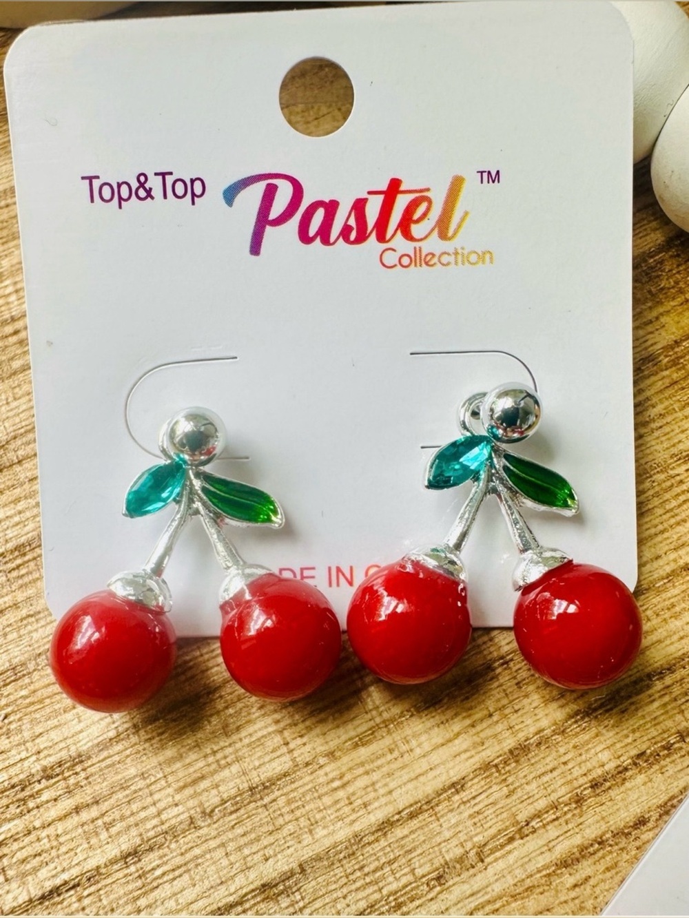 Pastel Silver Red Cherry Earrings w/Enamel and gem leaves  NWT